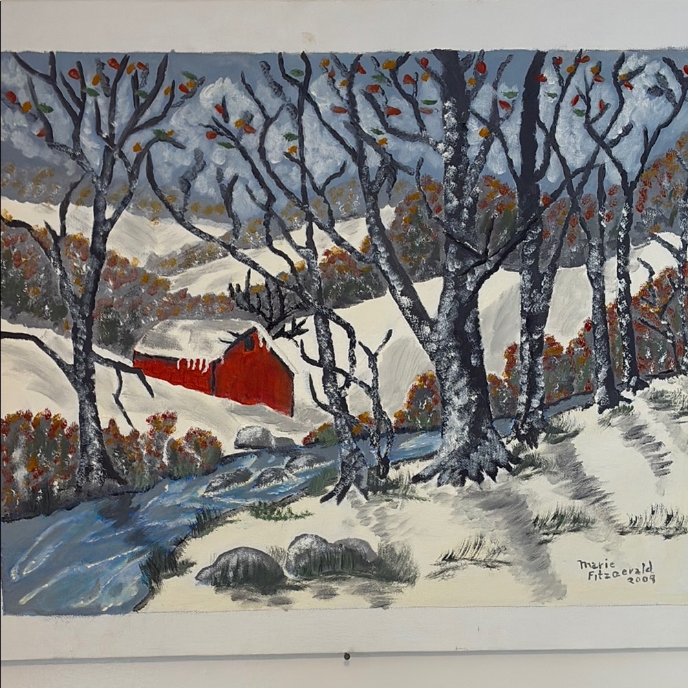 Winter Landscape Painting with Red Barn